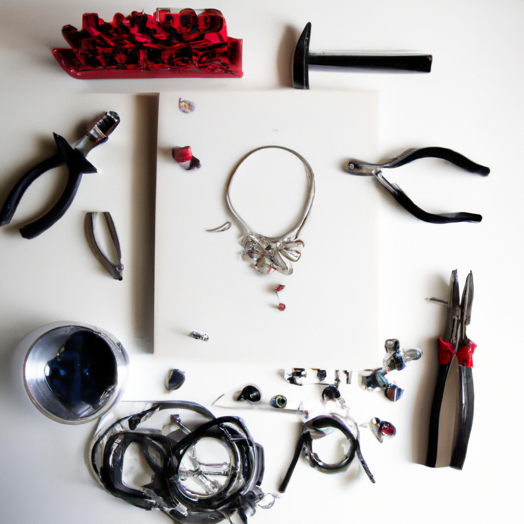 Minimalist jewelry workbench with tools, wire, and gems in soft daylight